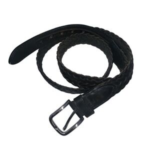 AAE Mens‎ Black 100 Percent Genuine Leather Woven Braided Belt Silver Buckle